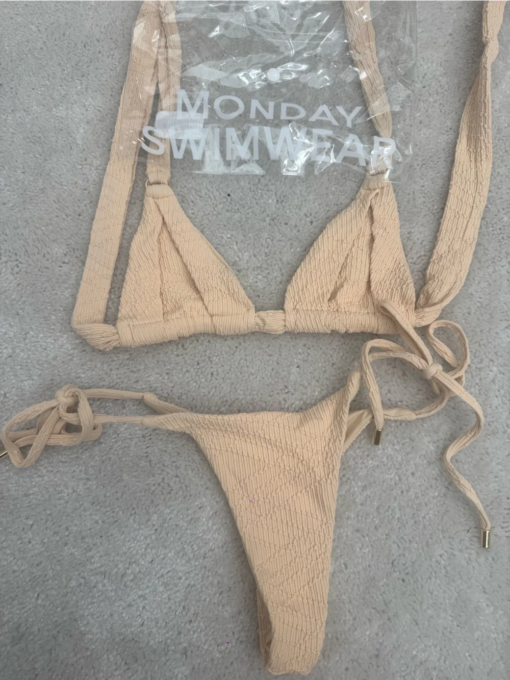 Monday Swimwear Raffia Beige Bikini Top with Bottom Set